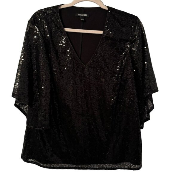 Roz & Ali Blouse Size Large Black Short Sleeves Sequined Women Top Blouse Shirt - Picture 1 of 12